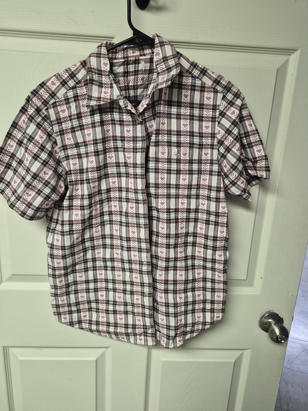 Bobbie Brooks Short-Sleeve Plaid Button-Down in White and Burgundy